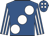Royal blue, large white spots, striped sleeves, royal blue cap, white spots