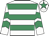 White & emerald green hoops, emerald green chevrons on sleeves, emerald green star on cap