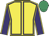 Yellow, purple seams, purple sleeves, yellow seams, emerald green cap