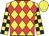 Yellow, red diamonds, yellow sleeves, black checked, yellow cap