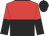 red and black halved horizontally, red and black halved sleeves, black cap