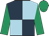 Dark blue and light blue (quartered), emerald green sleeves and cap