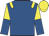 Royal blue, yellow epaulets, yellow and royal blue halved sleeves, yellow cap