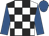White and black check, royal blue sleeves and cap