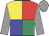 yellow, blue, red and emerald green quartered, grey sleeves, grey cap