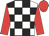 White, black checked, red sleeves, red cap