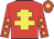 Red body, yellow cross of lorraine, red arms, yellow stars, red cap, yellow star