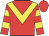 red, yellow chevron, yellow hoops on sleeves, red cap