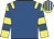 Royal blue, yellow epaulets, yellow and royal blue hooped sleeves, striped cap