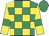 Emerald green and yellow check, yellow sleeves, emerald green armlets, emerald green cap