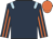 Dark blue, light blue epaulets, dark blue and orange striped sleeves, orange cap