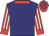 Navy, red collar, red and white stripes on sleeves, red cuffs, red cap, blue hoops