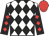 White and black diamonds, black sleeves, red diamonds and cap
