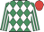 Emerald green and white diamonds, striped sleeves, red cap