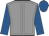 Grey, white seams, royal blue sleeves and cap