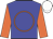 blue, orange circle, orange sleeves, white cap