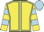 Yellow, light blue seams, hooped sleeves, light blue cap