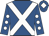Royal blue, white cross belts, royal blue sleeves, white spots, royal blue cap, white diamond
