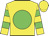Yellow body, green disc, yellow arms, green hooped, yellow cap