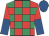 Red and emerald green checked, red and royal blue halved sleeves, royal blue cap