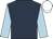 dark blue, light blue sleeves, white cap