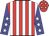 red and white stripes, white stars on blue sleeves, white stars on red cap