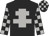black, light grey cross of lorraine, light grey checks on sleeves and cap