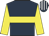 Dark blue, yellow hoop, yellow sleeves, dark blue & white striped cap