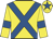 Yellow, royal blue cross sashes, royal blue armlet, royal blue star on cap