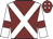 Maroon, white cross sashes, white sleeves, maroon armlet, maroon cap, white diamonds