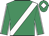 Emerald green, white sash, white seams on sleeves, white diamond on cap