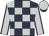 Dark blue and silver checks, silver sleeves, dark blue seams, silver cap, dark blue peak
