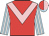 Red, pink chevron, light blue and white striped sleeves, red and pink halved cap, light blue peak