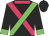 Black, cerise and green cross belts, cerise collar, green cuffs