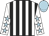 White and black stripes, white sleeves, light blue stars and cap