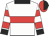 White, red hoop, hooped sleeves, black collar and cuffs, red and black halved cap