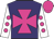 Purple, dayglo pink maltese cross, white sleeves, dayglo pink spots and cap