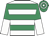 White, emerald green hoops, emerald green and white halved sleeves, emerald green and white hooped cap