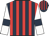 Dark blue and red stripes, white sleeves, dark blue armlets