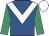 Royal blue, white chevron, emerald green sleeves, white cap