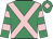 Emerald green, pink cross belts, hooped sleeves and diamond on cap