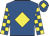 Royal blue, yellow diamond, checked sleeves, royal blue cap, yellow diamond