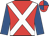 Red, white cross belts, royal blue sleeves, red and royal blue quartered cap