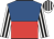royal blue and red halved horizontally, white sleeves, black stripes, white cap, black stripes