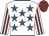 White, royal blue stars, white and maroon striped sleeves, maroon cap