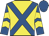 Yellow, royal blue cross belts, royal blue and yellow chevrons on sleeves, royal blue cap