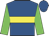Royal blue, yellow hoop, green sleeves, royal blue cap