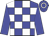 blue, white checks, blue sleeves, blue cap, white hoop