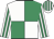 white and emerald green quarters, white sleeves, emerald green stripes, striped cap