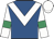 royal blue, white chevron, white sleeves, emerald green armlets, white cap